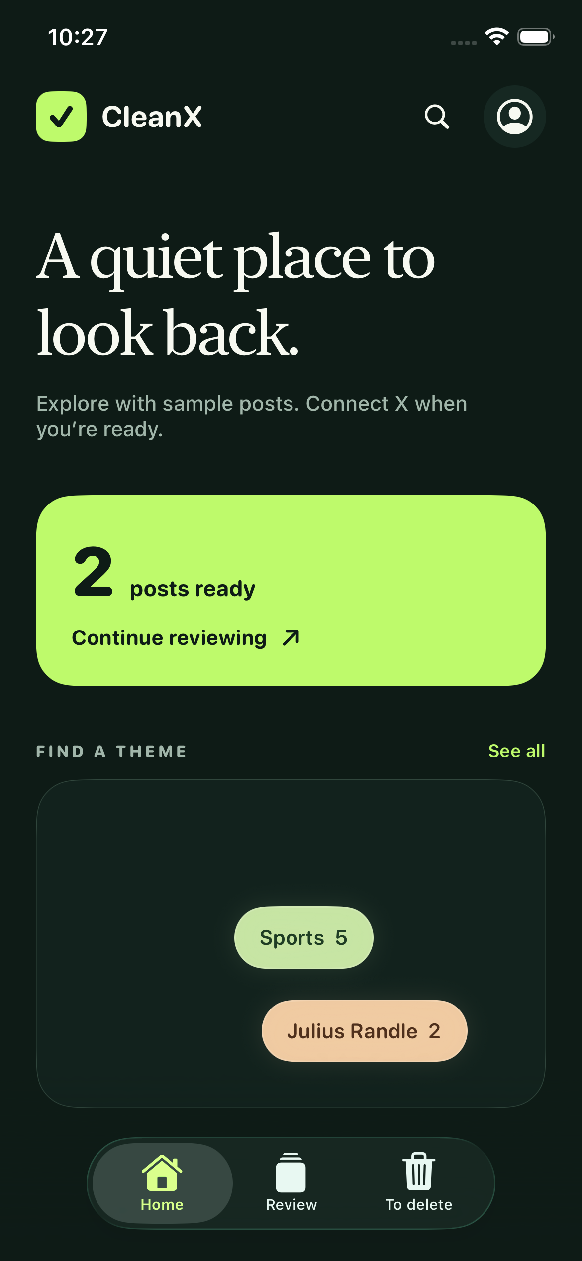 CleanX iOS home: sample post review and theme browsing