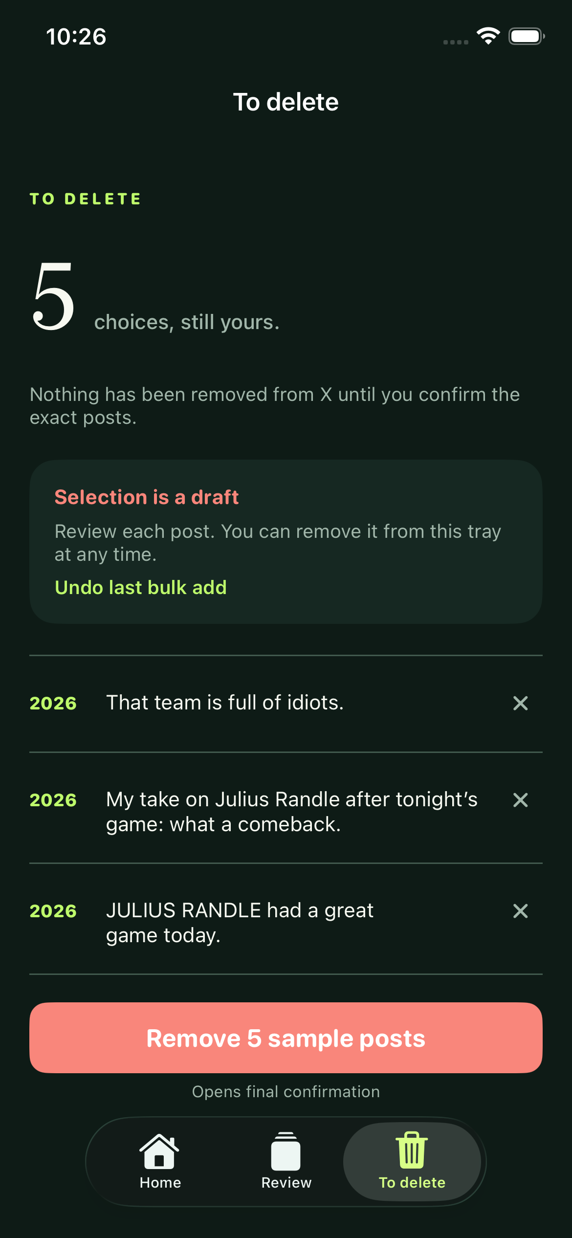 CleanX draft deletion tray with sample posts and a separate confirmation step