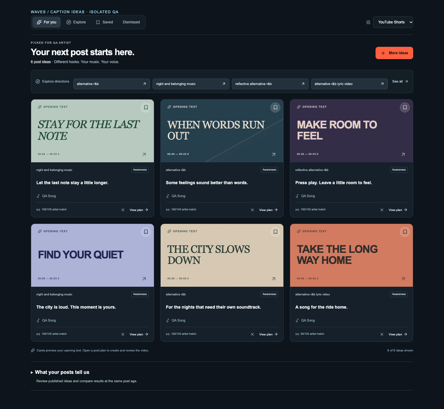 WAVES post ideas: a grid of editable promotional concepts for an existing song, using test content