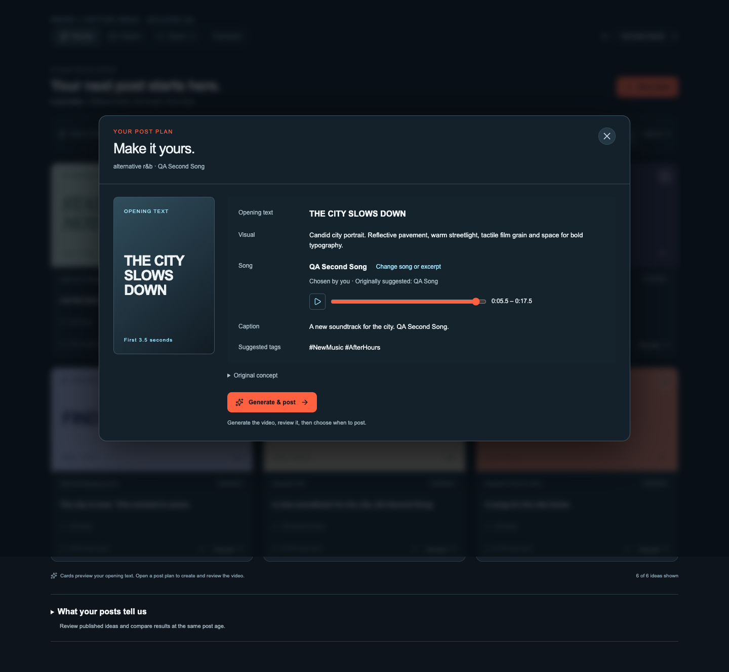 WAVES post plan, with opening text, visual direction, existing song excerpt, caption and review controls
